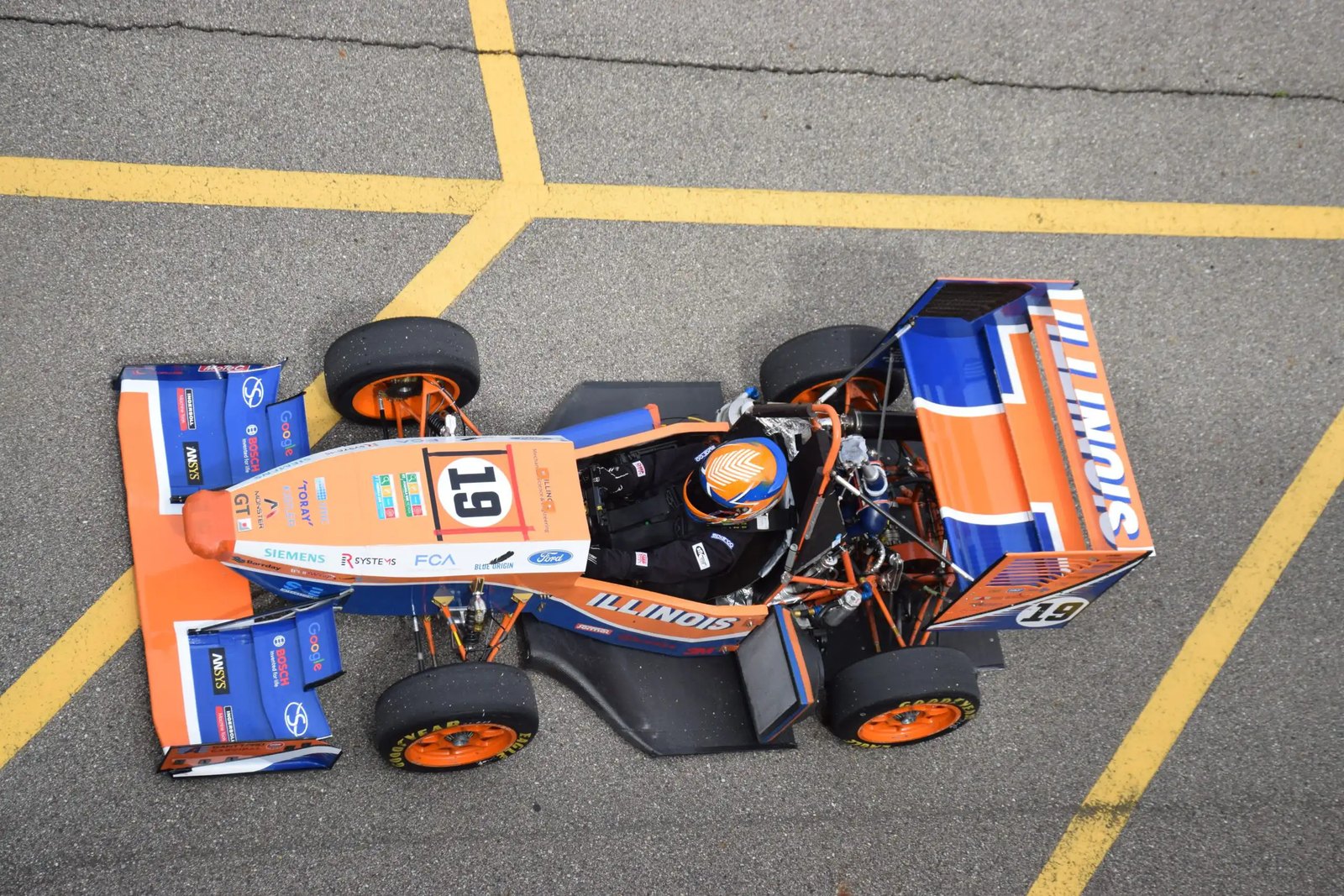Overhead view of the Formula SAE car on track