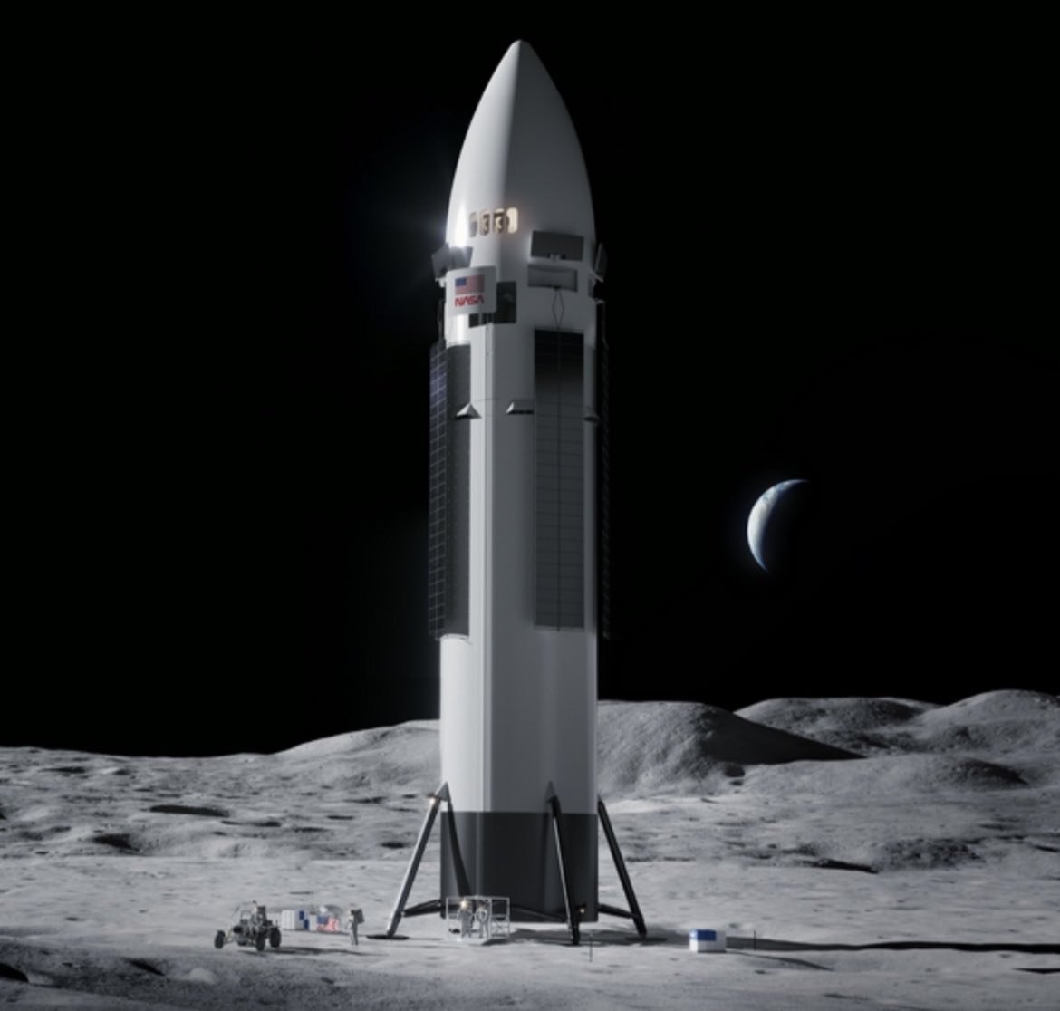 HLS Starship on the lunar surface with Earth in the distance